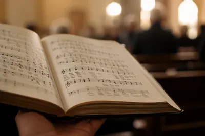 Open Hymnal During Peaceful Church Service