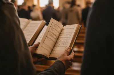 Congregants Holding Hymnals During Worship