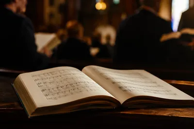 Open Hymnal on Church Pew