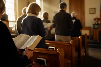 Reverent Congregation Singing with Hymnal Books