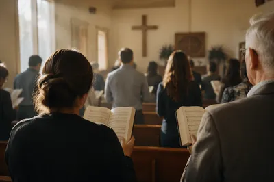Congregation Singing Hymnals in Morning Light