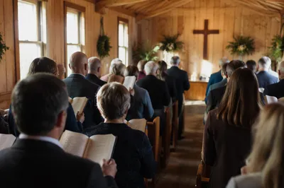 Congregation Singing Hymns in Wooden Chapel