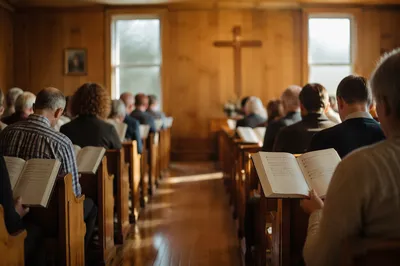 Congregation Singing Hymns in Wooden Chapel