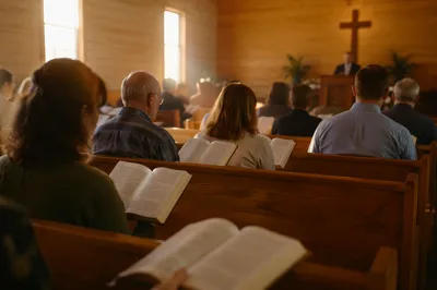Congregation Singing Hymns in Wooden Chapel