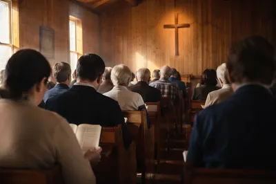 Congregation Singing Hymns in Wooden Chapel