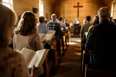 Congregation Singing Hymns in Wooden Chapel