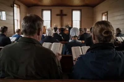 Congregation Singing Hymns in Wooden Chapel