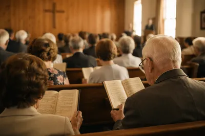 Congregation Singing Hymns in Wooden Chapel