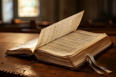 Open Hymnal on Church Pew