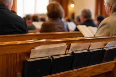 Close-Up Hymnal Books in Chapel Pew