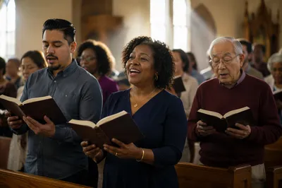 Diverse Congregation Singing from Hymnal Books