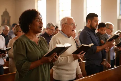 Congregation Singing Hymns in Sunlit Church