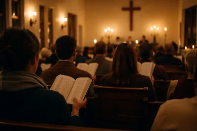 Congregation Singing Hymns in Wooden Chapel