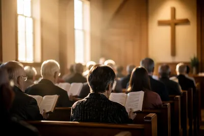 Congregation Singing Hymns in Wooden Chapel