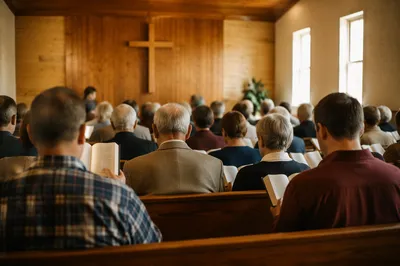 Congregation Singing Hymns in Wooden Chapel