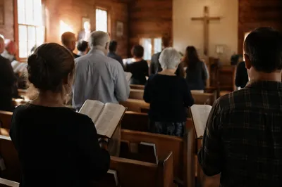 Congregation Singing Hymns in Wooden Chapel