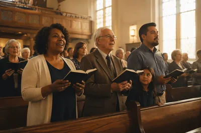 Congregation Singing Hymns in Sunlit Church