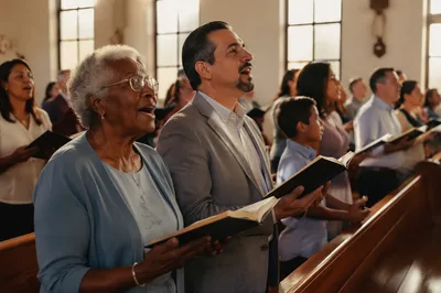 Congregation Singing in Sunlit Chapel