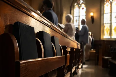 Hymnals in Warm Church Sanctuary
