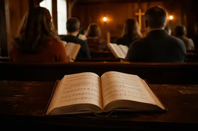 Congregation Singing Hymns in Wooden Chapel