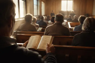Congregation Singing Hymns in Wooden Chapel
