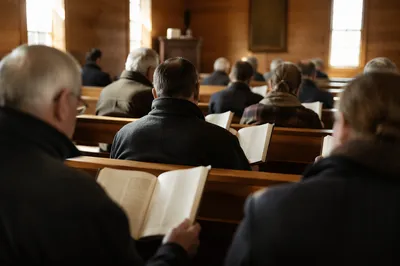Congregation Singing Hymns in Wooden Chapel