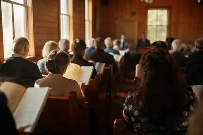 Congregation Singing Hymns in Wooden Chapel