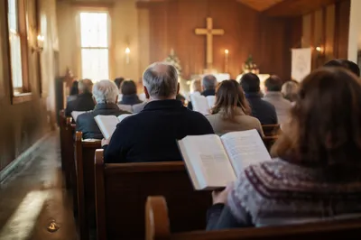 Congregation Singing Hymns in Wooden Chapel