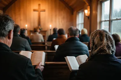 Congregation Singing Hymns in Wooden Chapel