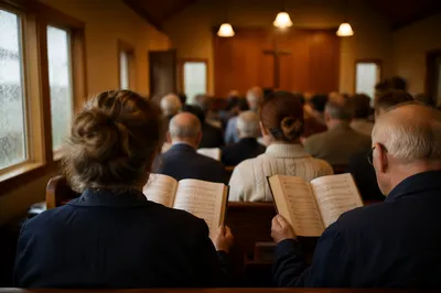 Congregation Singing Hymns in Wooden Chapel