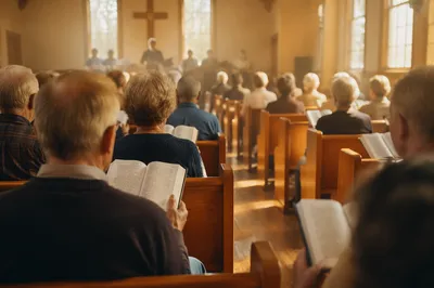 Congregation Singing Hymns in Wooden Chapel