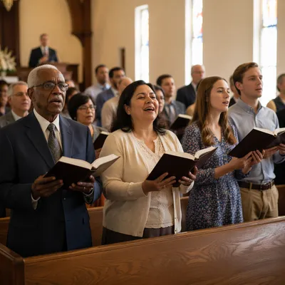 Church Congregation Singing in Sunlit Sanctuary