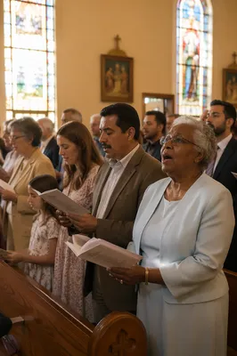Congregation Singing in Sunlit Church Sanctuary