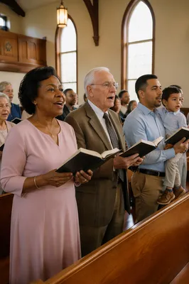 Congregation Singing Hymns in Wooden Pews