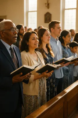 Congregation Singing Hymns in Sunlit Church