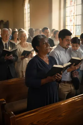 Congregation Singing Hymns in Sunlit Sanctuary