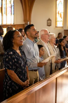 Diverse Congregation Singing in Church Pews
