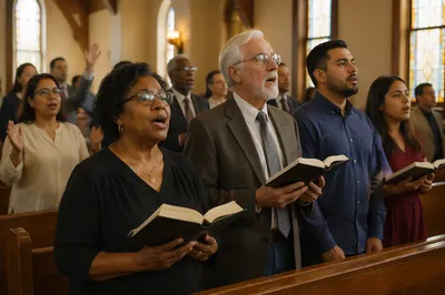 Congregation Singing Hymns in Sunlit Sanctuary