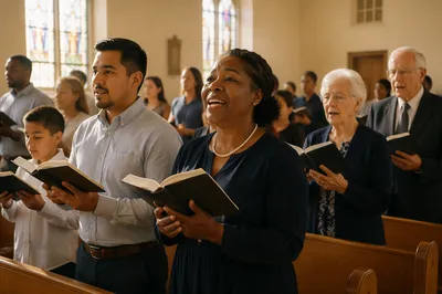 Congregation Singing Hymns in Sunlit Sanctuary