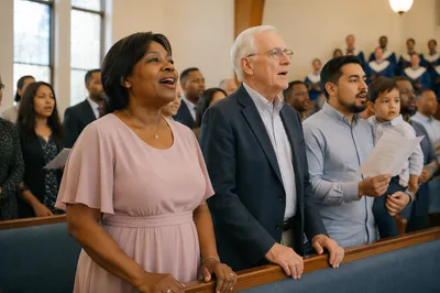Congregation Singing Hymn in Bright Sanctuary