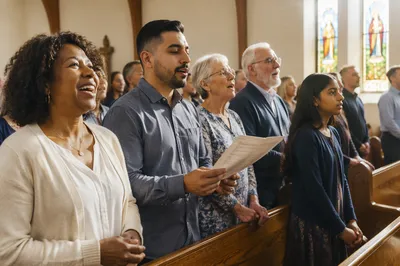 Diverse Congregation Singing in Sunlit Church