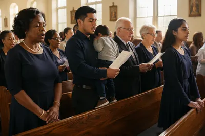 Congregation Singing Hymn in Sunlit Church