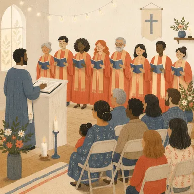 Congregation Singing Together in Bright Chapel