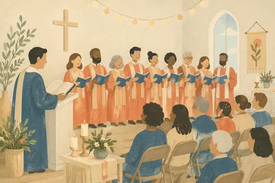 Congregation Singing Together in Peaceful Chapel