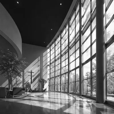 Contemporary Church Lobby Lounge with Glass Atrium