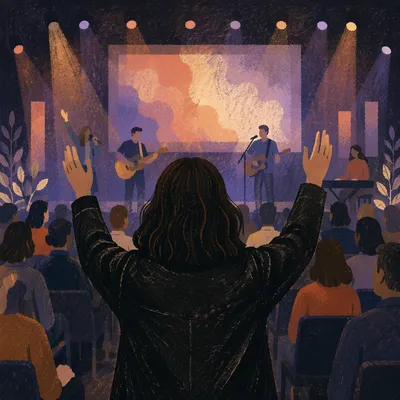 Raised Hands Before Contemporary Worship Projection Screen