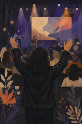 Raised Hands Before Contemporary Worship Screen