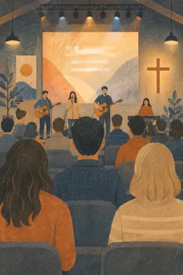Contemporary Worship Projection in Warm Church Auditorium