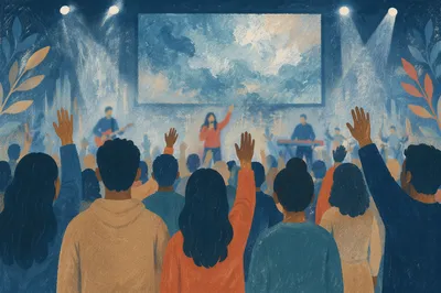 Contemporary Worship Screen Above Reverent Congregation