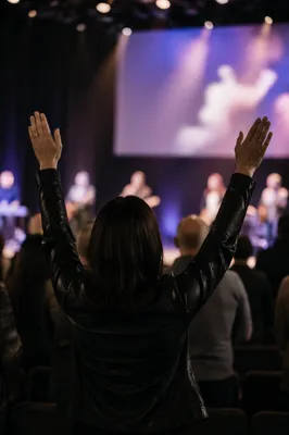 Raised Hands Before Contemporary Worship Screen